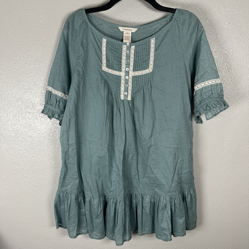 Sundance Tunic Top Medium Blue Peasant Cottage Prairie Lace Crochet Trim Cotton